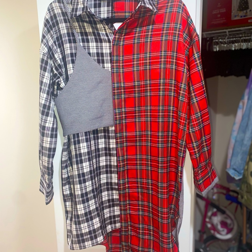 Mixed print button up asymmetrical shirt dress.